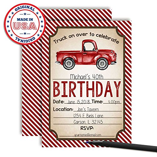 Watercolor Red Pick Up Truck Birthday Party Invitations for Boys, 20 5x7 Fill In Cards with Twenty White Envelopes by AmandaCreation - style: Watercolor Red Pick Up Truck