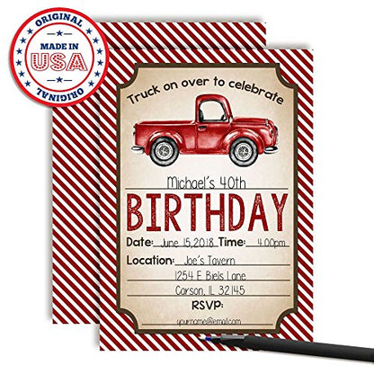Watercolor Red Pick Up Truck Birthday Party Invitations for Boys, 20 5x7 Fill In Cards with Twenty White Envelopes by AmandaCreation - style: Watercolor Red Pick Up Truck
