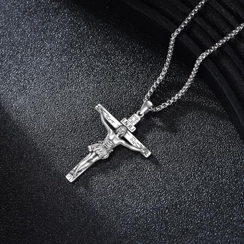 925 Sterling Silver Cross Necklace for Men & Women Crucifix Jesus/Cross Pendant with 22"+2" Stainless Steel Chain Jewelry Gift for Christmas, Father's Day, Mother's Day, Birthday-Gift Box Included - style: B04 Crucifix