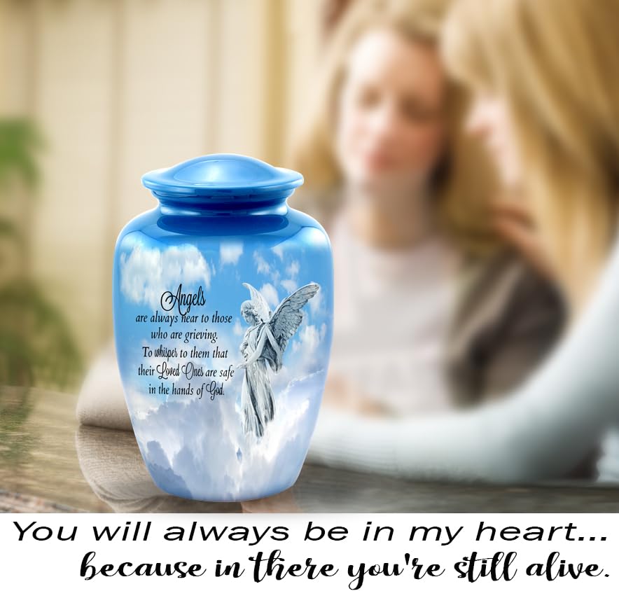 Guardian Angel Cremation Urn – Elegant Blue Adult Urn for Human Ashes – Heavenly Angel Funeral Urn for Men and Women – Large Memorial Urn Holds Up to 210 lbs with Velvet Bag (Large)
