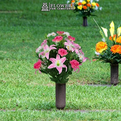 Sympathy Silks Artificial Cemetery Flowers - Gravesite Flowers - Pink Lily and Rose with White Daisies - color: Pink, size: Bouquet