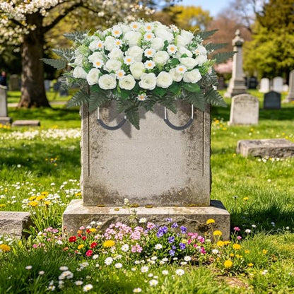 Wocst Headstone Flower Saddle,Large Artificial Cemetery Flowers for Grave Artificial Roses Daisy Saddle for Cemetery Headstone (White) - color: White