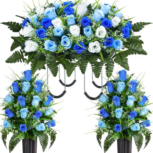 Artificial Cemetery Flowers Saddle, 2 Sets Grave Flowers Rose with Vase, Memorial Headstone Flowers Saddle for Cemetery Grave Tombstone Decorations (1 Saddle 2 Bouquets) - color: Blue & White