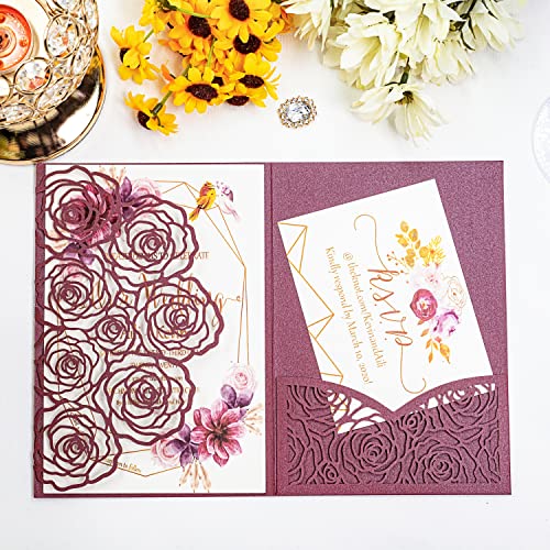 Customized inner page Laser Cut Wedding Invitations Card Pocket with Envelope for Birthday Party Baby or Bride Shower Invite suitable for 5 * 7 Inches Insert Paper (50 PCS Personalized Printed) - color: 50 PCS Personalized Printed