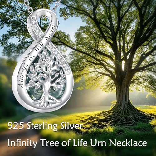 Diamond Tree of Life Urn Necklace for Ashes 925 Sterling Silver Family Tree of Life Cremation with Funnel Filler Ash Holder Keepsake Memorial Jewelry Gifts for Women,18+2 inch - style: Style 2-Moss Agate