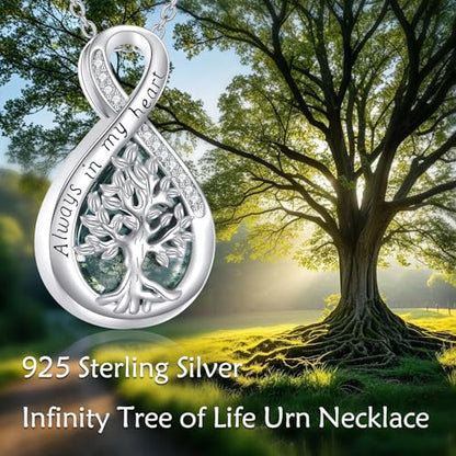 Diamond Tree of Life Urn Necklace for Ashes 925 Sterling Silver Family Tree of Life Cremation with Funnel Filler Ash Holder Keepsake Memorial Jewelry Gifts for Women,18+2 inch - style: Style 2-Moss Agate