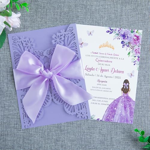 20 PCS 5.12x7.2 Butterfly Personalized Quinceanera Invitation, Customized XV Anos Laser Cut Invitation Cards with Envelopes (Violet Personalized) - color: 20 PCS Violet Personalized