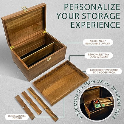 Locking Wooden Keepsake Box, Customizable Design With Adjustable Tray. Large Wooden Box with Hinged Lid for Wedding and Memory Keepsakes - color: Natural