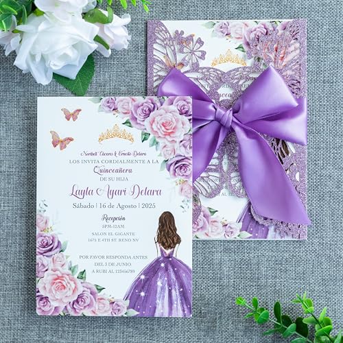 20 PCS Butterfly Quinceanera Invitation, Laser Cut Invitation Cards | 5.12x7.2" Purple Glitter Butterfly Quinceanera Invitation with Envelopes for XV Anos Bridal Shower Baby Shower Invite - color: Purple Glitter