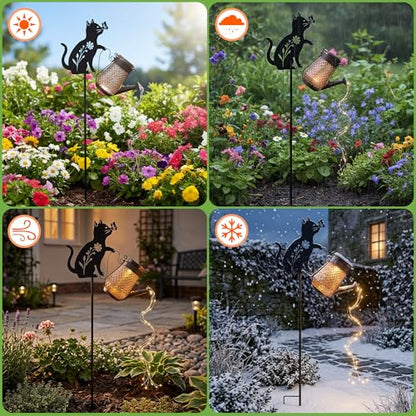 Solar Watering Can Light Cat Stake 36in Garden Waterfall LED Outdoor Art - color: Cat Watering Can
