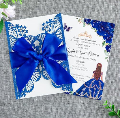 20 PCS Butterfly Quinceanera Invitation, Laser Cut Invitation Cards | 5.12x7.2" Blue Glitter Butterfly Quinceanera Invitation with Envelopes for XV Anos Bridal Shower Baby Shower Invite - color: Blue Glitter