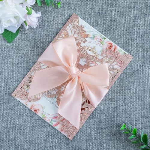20 PCS Butterfly Quinceanera Invitation, Laser Cut Invitation Cards | 5.12x7.2" Rose Gold Glitter Butterfly Quinceanera Invitation with Envelopes for XV Anos Bridal Shower Baby Shower Invite - color: Rose Gold Glitter