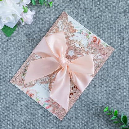 20 PCS Butterfly Quinceanera Invitation, Laser Cut Invitation Cards | 5.12x7.2" Rose Gold Glitter Butterfly Quinceanera Invitation with Envelopes for XV Anos Bridal Shower Baby Shower Invite - color: Rose Gold Glitter