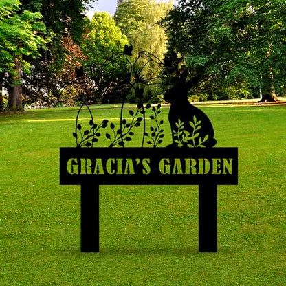 Custom Metal Rabbit and Flower Garden Stake, Bunny Metal Garden Sign, Personalized Easter Rabbit with Flower Sign, Farm Animal Sign, Pet Grave Marker, Rabbit Sympathy Gift, Pet Loss, Remembrance Stake - color: STAKEDESING_10