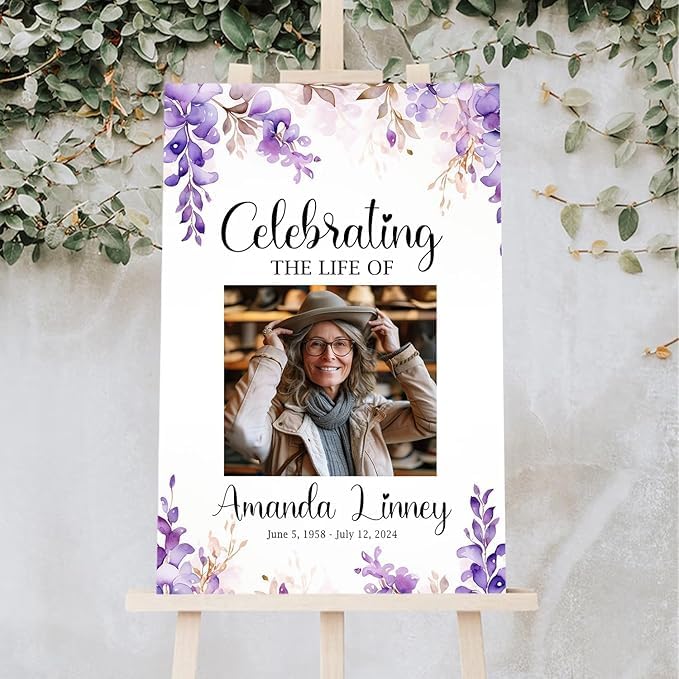 Personalized Funeral Welcome Sign - Funeral Welcome Sign For Women - Purple Celebration of Life Sign - In Loving Memory Sign - Purple Flower Funeral Sign Personalized - Custom Poster, Celebration Of Life Decor - Picture Boards For Funeral