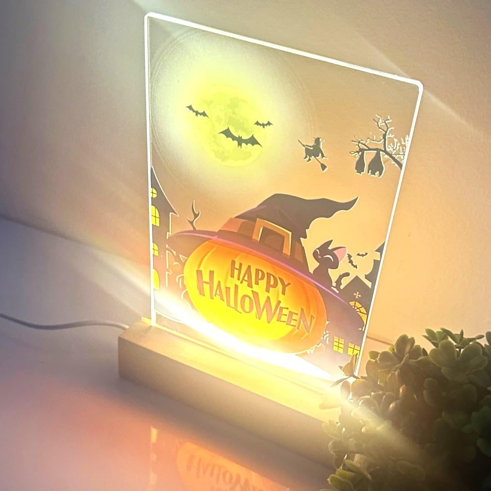MIRROR MANIA Happy Halloween Pumpkin Wood Base LED Night Light - Custom Gift for Mom, Dad, Brother, Friend, Sister, Nursery, Kid's Room Decor, Holiday Party, Halloween Home Decor, Made in America