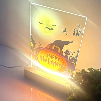MIRROR MANIA Happy Halloween Pumpkin Wood Base LED Night Light - Custom Gift for Mom, Dad, Brother, Friend, Sister, Nursery, Kid's Room Decor, Holiday Party, Halloween Home Decor, Made in America