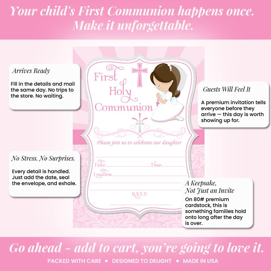 First Holy Communion Religious Party Invitations for Girls (Light Skin, Brown Hair), 20 5x7 Fill In Cards with Twenty White Envelopes by AmandaCreation - style: Light Skin, Brown Hair Girl