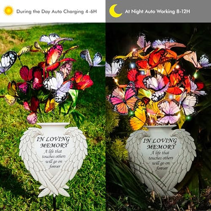 Solar Angel Wing Memorial Stake - Metal Silhouette Grave Decorations for Cemetery - Flat Outdoor Sympathy Gift with Butterfly Lights & Flowers - Bereavement Decor for Loss of Mom Dad（with Flowers)) - style: Angel Wings with Flowers