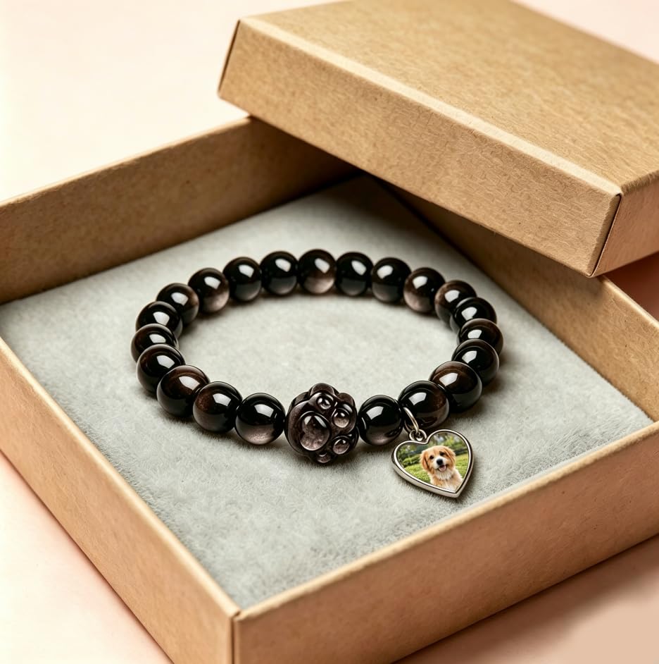 Personalized Pet Memorial Obsidian Bracelet with Photo Charm | Custom Photo Pet Loss Bracelet，Cat Dog Memorial Keepsake Jewelry ，Dog Cat Lovers Pet Loss Remembrance