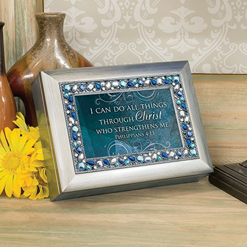Cottage Garden Can Do All Things Through Christ Brushed Silvertone Jewelry Music Box Plays Amazing Grace