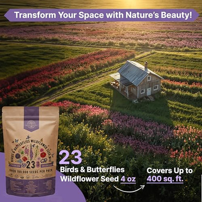 Organo Republic 23 Wildflower Seeds Annual & Perennial Mix for Indoor & Outdoors, Attract Birds & Butterflies 100,000+ Non-GMO, Heirloom Garden Seeds, 4oz Packet for Growing Wild Flowers