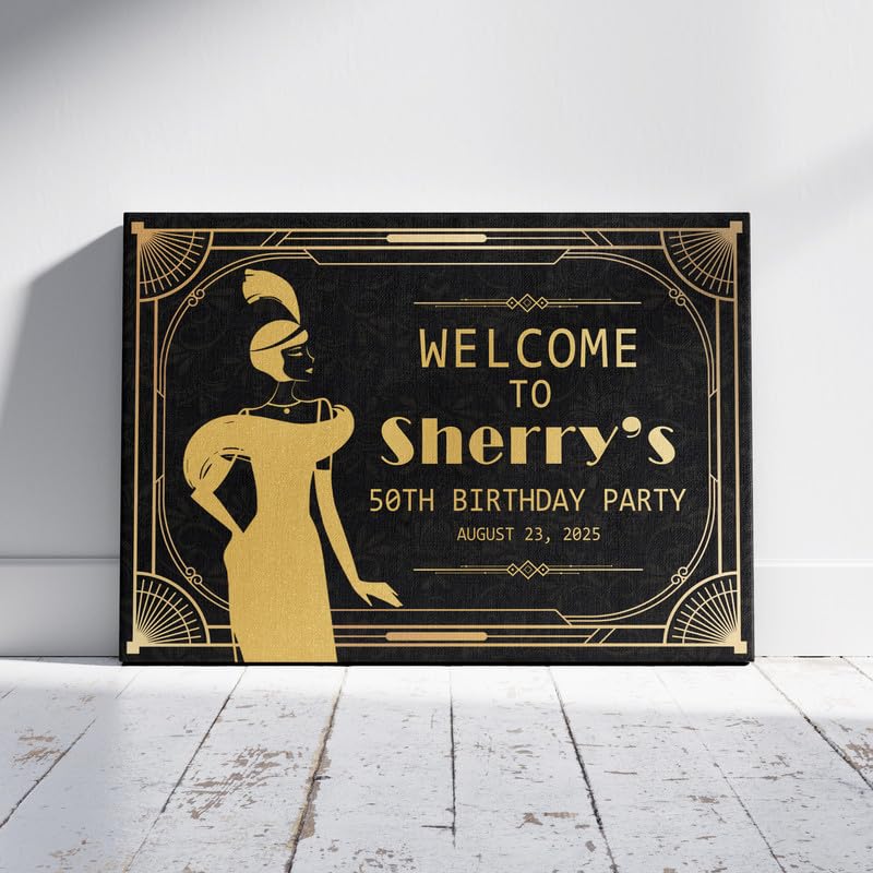 Roaring 20's Birthday Party Welcome Sign with Flapper Girls, 1920s Art Deco Custom 55th Birthday Party Sign, Welcome to Harlem Nights Signs, Great Gatsby 50thBirthday Decorations - color: Design 8