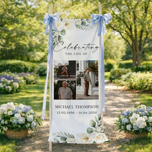 Personalized Funeral Fabric Banner, Custom Celebration of Life Linen Sign with Photo, Memorial Welcome Banner, In Loving Memory Tribute Decoration, Funeral Remembrance Display - color: Design 2