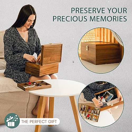 Locking Wooden Keepsake Box, Customizable Design With Adjustable Tray. Large Wooden Box with Hinged Lid for Wedding and Memory Keepsakes - color: Natural
