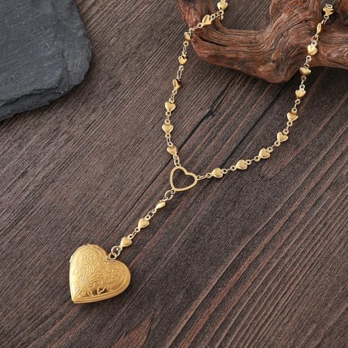 Personalized Heart Locket Necklace for Women Stainless Steel- Heart Necklace - color: Gold-D