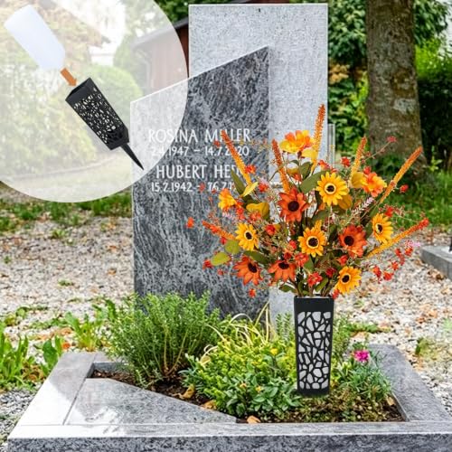 2PCS Artificial Fall Flowers for Cemetery Grave Fake Daisy with Vase, 27in | UV Resistant Autumn Grave Decor Artificial Lavender Daisy Cemetery Flowers for Headstone Tombstone Thanksgiving Outdoor