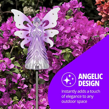 Exhart Garden Solar Lights, Decorative Angel Garden Stake, 13 LEDs, Cute Yard and Pathway Decor, Purple, 7 x 40 Inch