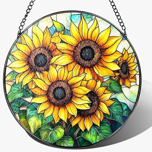 Stained Glass Window Hanging, 8 Inch Sunflower Stained Glass Suncatcher, Suncatchers for Windows Hanging, Home Decor for Window, Teacher Gift, Birthday Gift, Sunflower Gifts for Women, Friend - color: Sunflower