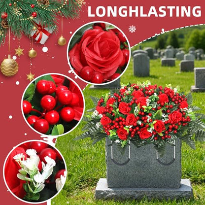 Christmas Artificial Cemetery Flowers,Artificial Cemetery Flowers Saddle for Outdoor Gravesite Tombstone Decorations,Roses and Artificial Red Berries Stems Ornaments