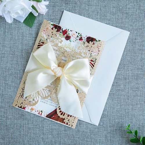 20 PCS Butterfly Quinceanera Invitation, Laser Cut Invitation Cards | 5.12x7.2" light Gold Glitter Butterfly Quinceanera Invitation with Envelopes for XV Anos Bridal Shower Baby Shower Invite - color: Gold Glitter