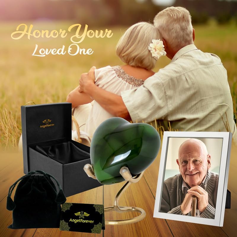 Heart Urn with Stand & Box Keepsake Urn for Human Ashes Mini Cremation Urn for Men & Women (Dark Green) - color: Dark Green