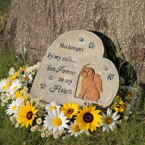 Dog Memorial Stone, Heart-Shaped Pet Grave Marker, 6.3"x5.3" | Pet Dog Grave Markers Headstones, Sympathy Gift for Loss of Dog, Durable Outdoor, Angel Design