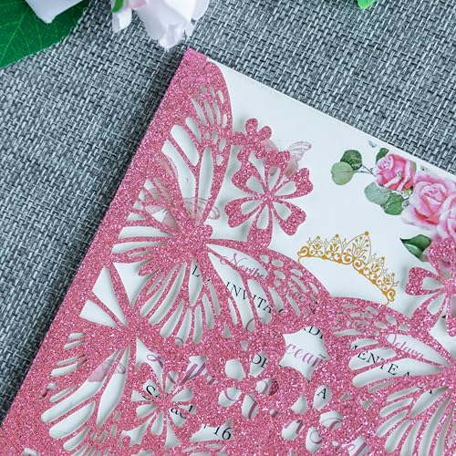20 PCS Butterfly Quinceanera Invitation, Laser Cut Invitation Cards | 5.12x7.2" Pink Glitter Butterfly Quinceanera Invitation with Envelopes for XV Anos Bridal Shower Baby Shower Invite - color: Pink Glitter