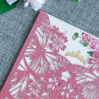 20 PCS Butterfly Quinceanera Invitation, Laser Cut Invitation Cards | 5.12x7.2" Pink Glitter Butterfly Quinceanera Invitation with Envelopes for XV Anos Bridal Shower Baby Shower Invite - color: Pink Glitter