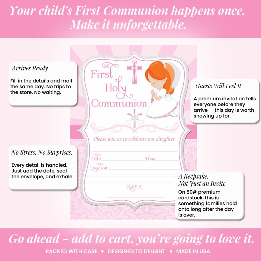 First Holy Communion Religious Party Invitations for Girls (Light Skin, Red Hair), 20 5x7 Fill In Cards with Twenty White Envelopes by AmandaCreation - style: Light Skin, Red Hair Girl