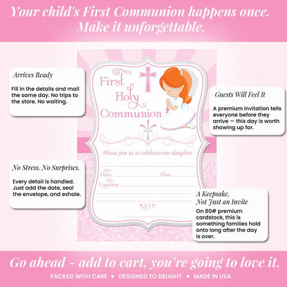 First Holy Communion Religious Party Invitations for Girls (Light Skin, Red Hair), 20 5x7 Fill In Cards with Twenty White Envelopes by AmandaCreation - style: Light Skin, Red Hair Girl