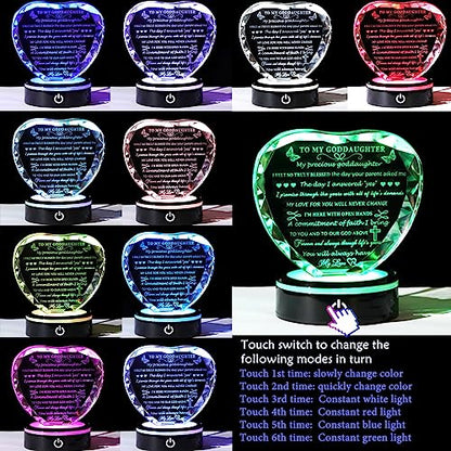 YWHL Goddaughter Gifts from Godmother Unique Heart Crystal Birthday Gifts for Goddaughter with LED Base Best to My Goddaughter Gift for Valentine's Day Mothers Day Christmas from Godparents - color: Goddaughter Gifts+led
