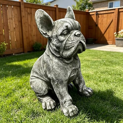 French Bulldog Statue, 15.75 in Weathered Gray Resin Dog Sculpture | Upright ears, defined facial folds, broad front paws; porch patio entryway accent, Frenchie lover and housewarming gift - color: French Bulldog