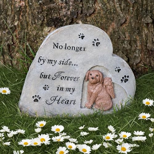 Dog Memorial Stone, Heart-Shaped Pet Grave Marker, 6.3"x5.3" | Pet Dog Grave Markers Headstones, Sympathy Gift for Loss of Dog, Durable Outdoor, Angel Design