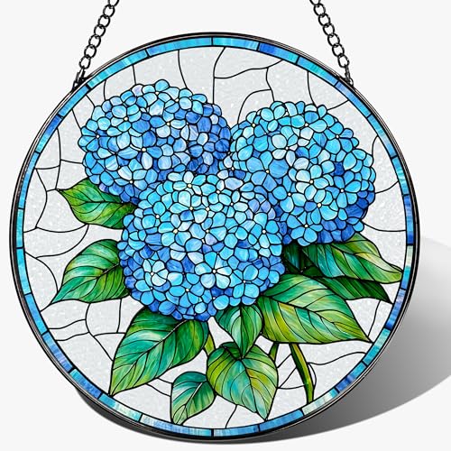 Stained Glass Window Hanging, Stained Glass Suncatcher, 8" Blue Hydrangea Suncatchers for Windows, Doors, Home Decor | Christmas, Mother's Day, Birthday Gifts for Women, Her, Mom, Grandma - color: Hydrangea