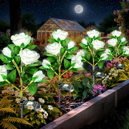 Anordsem Solar Garden Lights Outdoor: Waterproof Fabric Roses - Red LED Flower Decorations for Yard Patio Path Cemetery Grave - Birthday Gifts for Women Mom Wife - 4 Pack White - color: White, size: 4 Pack