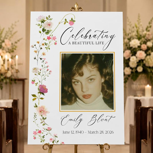 Custom Celebration of Life Memorial Sign with Photo and Wildflowers | Wildflower celebration of life sign personalized with photo, name, and dates for a graceful funeral display. - color: Design 6