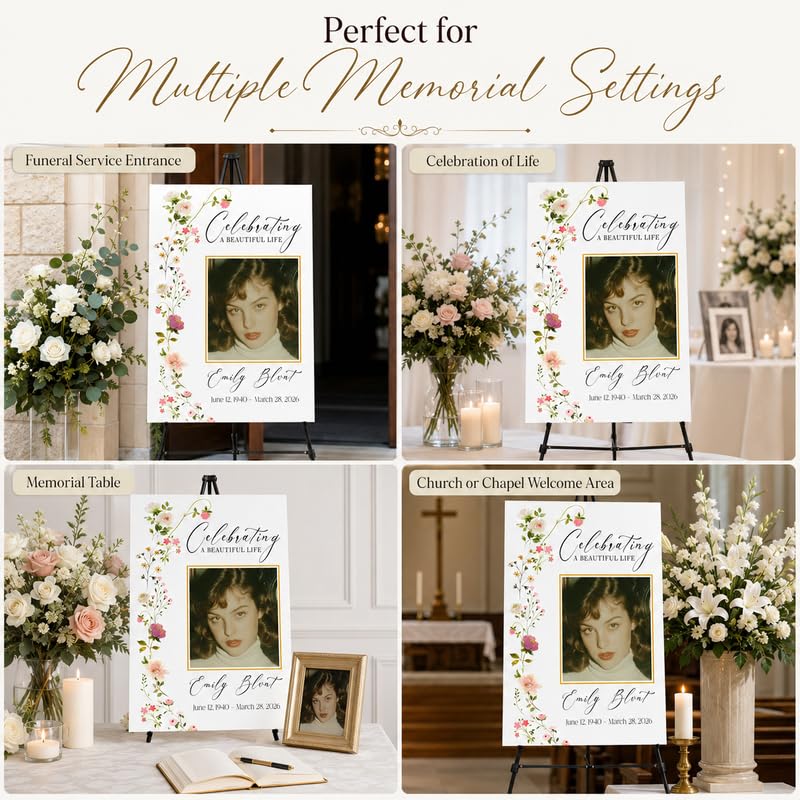 Custom Celebration of Life Memorial Sign with Photo and Wildflowers | Wildflower celebration of life sign personalized with photo, name, and dates for a graceful funeral display. - color: Design 6
