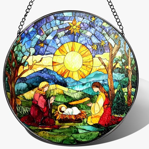 8'' Stained Glass Suncatcher Decor, Window Hanging, Nativity Scene Ornament, Religious Christmas Ornaments, Christian Holiday Decor, Gifts for Christmas, Christian Gift, Religious Gift - color: Nativity-d