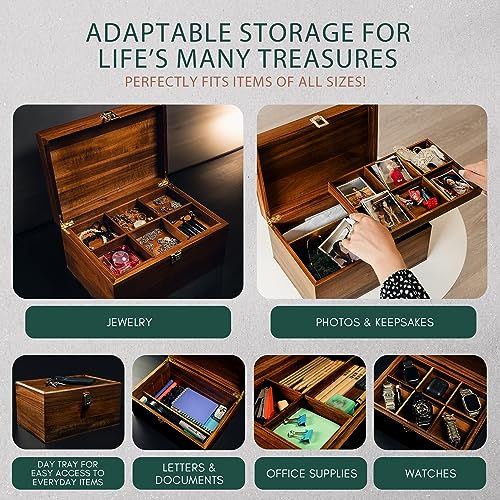 Locking Wooden Keepsake Box, Customizable Design With Adjustable Tray. Large Wooden Box with Hinged Lid for Wedding and Memory Keepsakes - color: Walnut